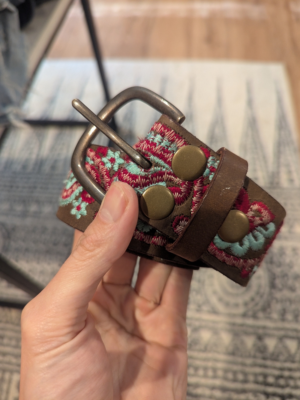 Nocona Brown Leather Belt with Red and Mint Embroidery